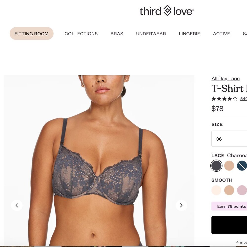 ThirdLove Charcoal All Day Lace T-Shirt bra, size 36G